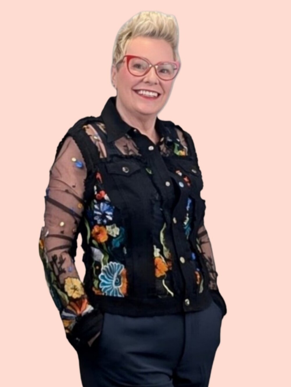 ADORE Black Denim with sheer floral embroidered panels & sleeves - Women's Large